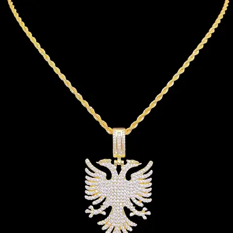 Albanian Eagle Zircon Pendant Necklace, Stainless Steel Chain, Men Women Hip Hop Punk Jewelry, Vintage Fashion, Fashionable Necklace, Decorative Necklace, Daily Wear & Party Gift, Zircon Stones Necklace