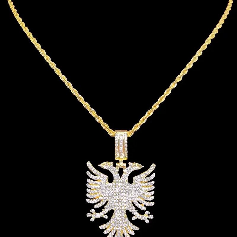 Albanian Eagle Zircon Pendant Necklace, Stainless Steel Chain, Men Women Hip Hop Punk Jewelry, Vintage Fashion, Fashionable Necklace, Decorative Necklace, Daily Wear & Party Gift, Zircon Stones Necklace