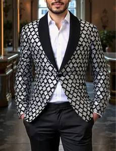 Men's Sequined Suit Jacket with Checkered Pattern Long Sleeve Solid Color Blazer for Parties Cocktail Events & Dinners Performance Wear Formal Stylish Menswear