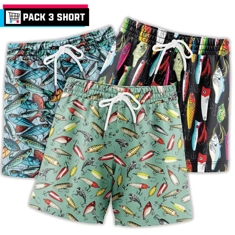 Pack3 Fishing Lure Gym Shorts - 5 inch inseam shorts with graphic design and pockets, Gift for him, Gift For Her, Gym Gift