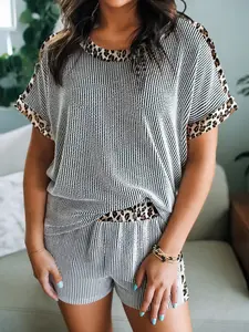 Summer Casual Leopard Print Striped Trimmed Knot Ribbed Top and Shorts Set, Stylish Summer, Comfortable and Trendy Clothing Womenswear