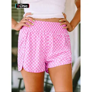 Women's Plaid Print Shirred High Waist Woven Fabric Fit Shorts, Casual Fitted Elastic Waist Shorts for Summer, Ladies Bottoms for Daily Wear