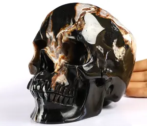 Geode 5.9" Black Zebra Agate Carved Crystal skull,Super Realistic, Crystal Healing