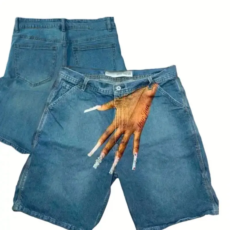 Women's Y2K Graphic Print Denim-Style Shorts - Casual Loose Fit Geometric Pattern with Pockets, Breathable Woven Fabric for Spring Summer Streetwear