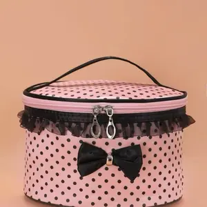 Polka Dot Round Makeup Bag with Black Bow. Travel Essentials. Pink and Black Dots Design.
