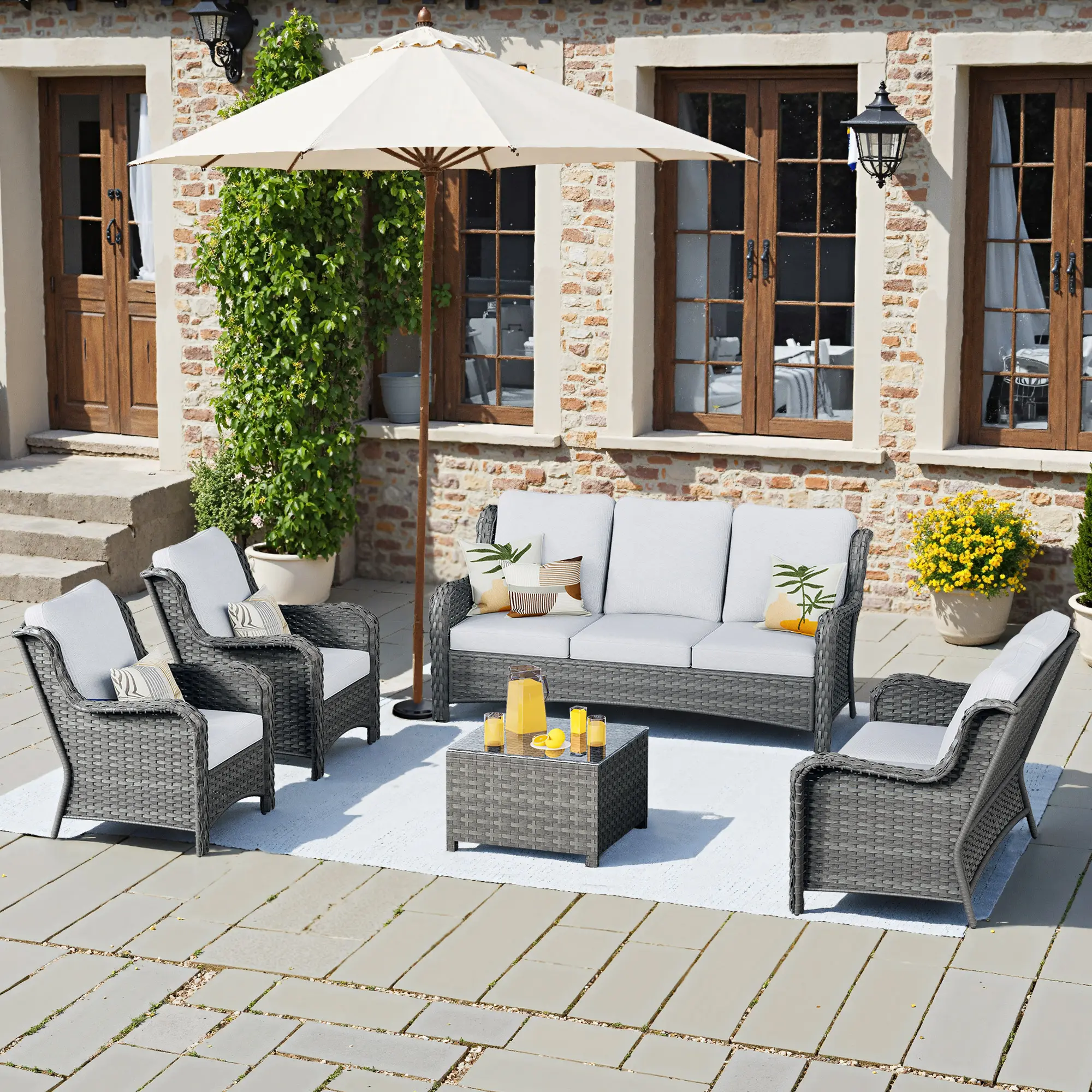 【Summerfinds】OVIOS Kenard 5-Piece Outdoor Patio Conversation Set with Loveseat & Tempered Glass Table, Wicker Sofa Set with Cushions for Backyard Patio Porch Deck Garden Outdoor Seating Furniture Set Lounge