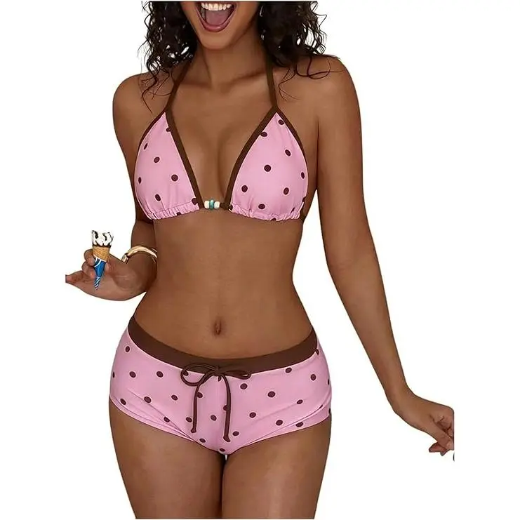 Women's Polka Dots 2 Piece Swimsuit Triangle Halter Bikini Set Boyshorts Bathing Suit