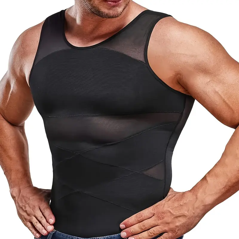 Men's Contrast Mesh Round Neck Shapewear Tank Top, Compression Shapewear Tops, Tummy Control Compression Shirt, Compression Vest for Men, Muscle Slimmer, Breathable Tank Top, Waist Trainer Vest, Compression Shaper Top