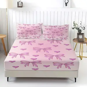 3Pcs Set of Pink Purple Bow Love Fitted Sheet Set, Fashionable and Gentle Bedding Set, Comfortable and Durable Ultra-Fine Fiber Bed Cover, Suitable for Bedroom and Guest Room Decoration, Soft and Comfortable, Suitable for All Seasons.