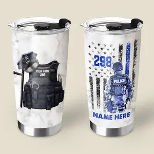 Custom Police Armor Badge Tumbler, Blue Line Flag Officer Gift, Personalized Cop Drinkware