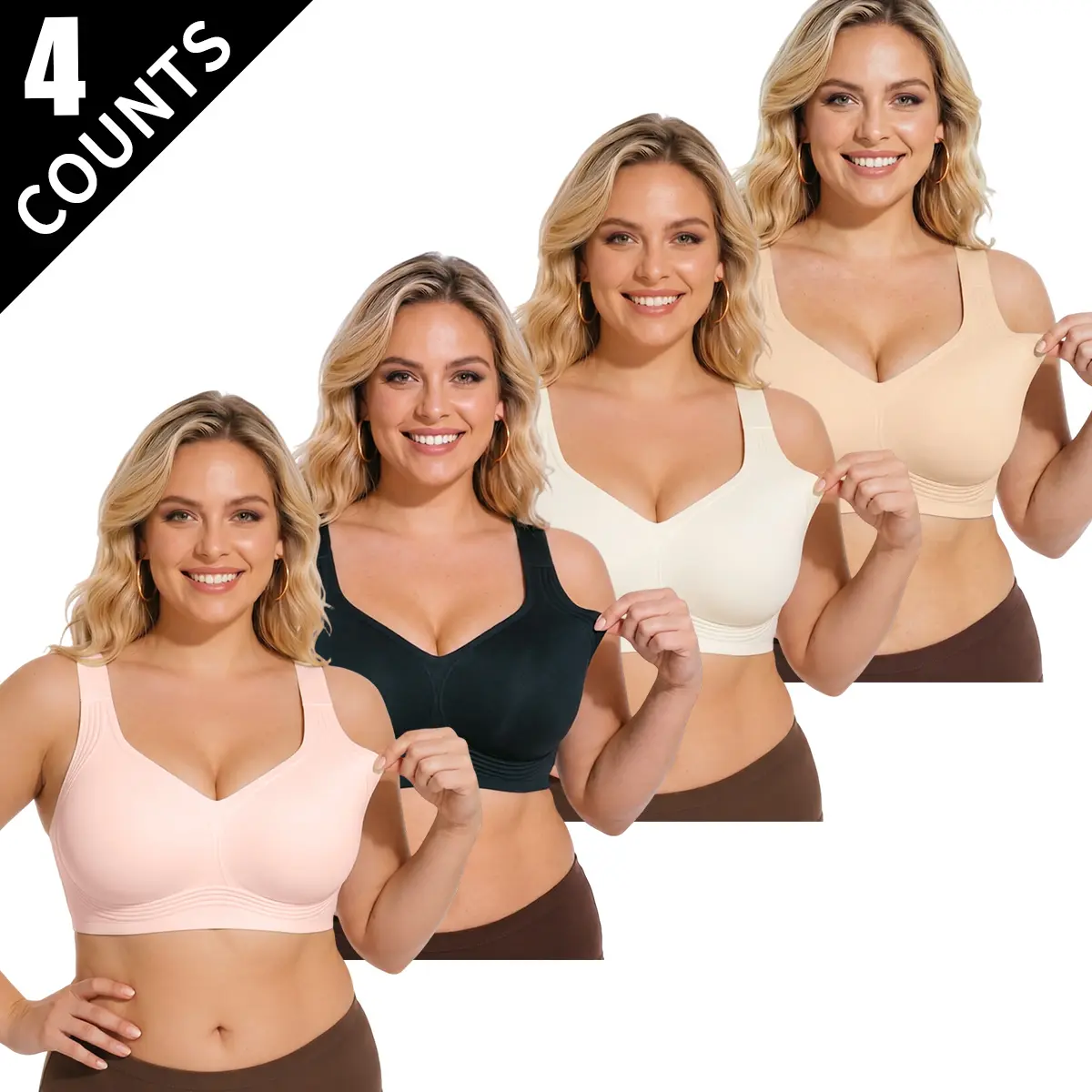 JOGWAVE 4PCS lightweight, breathable sheer mesh bra, plus size for summer, non-padded full-coverage bra with underwire support, lightweight design, interchangeable straps, adjustable five-point front closure that can be removed, comfortable everyday women