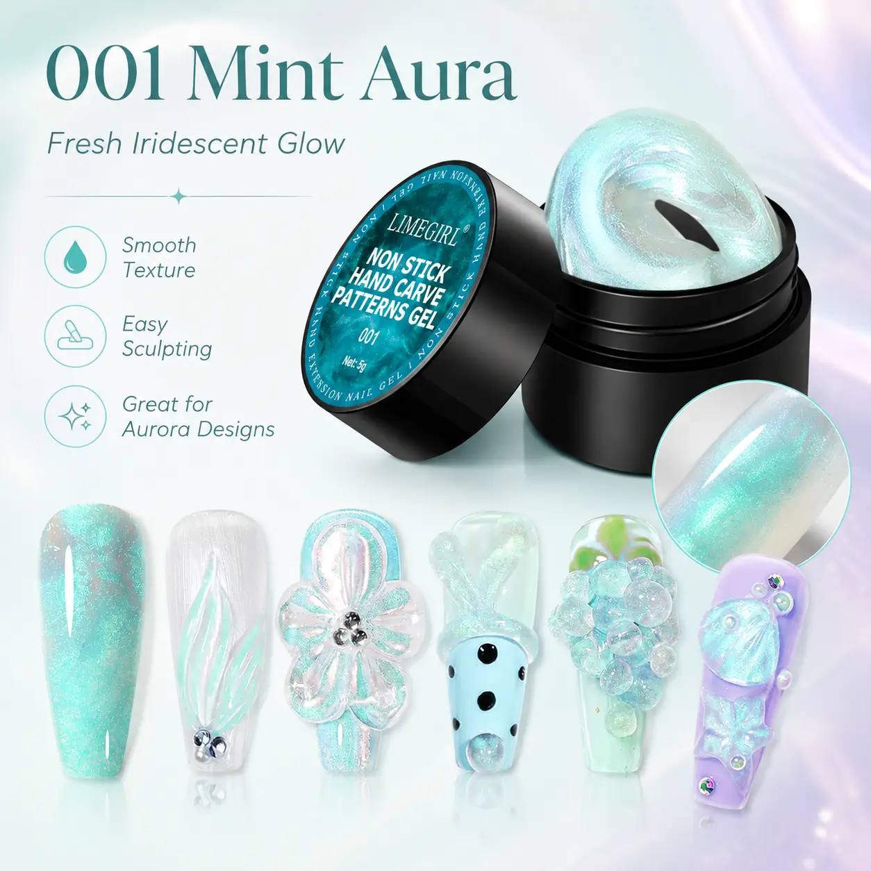 5 Colors Non-Stick Solid Builder Gel for Nails, Aurora Hand Carving Patterns Gel for Nail Extension, 3D Nail Art Charms and DIY Manicure Design