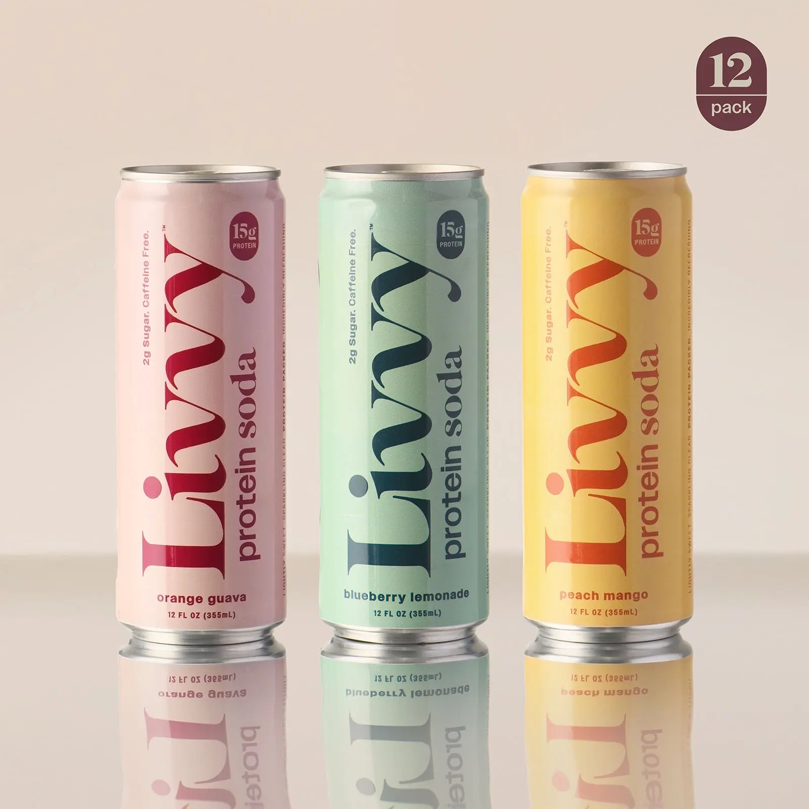 Livvy Clear Protein Soda, 15g Protein, Variety Pack, 12 fl oz Cans (12 Pack), 80 Calories, Caffeine Free