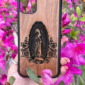 Virgenita Engraving Wood iPhone Case, Floral Design, Featuring Virgin Mary, Durable Material, Compatible with iPhone Models