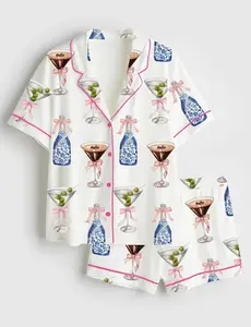 Espresso Martini Cocktail Blue Wine Satin Pajama Set- Women's Novelty Golfer Sport Sleepwear Soft & Breathable Summer Sleepwear for Women