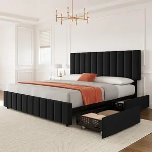 Full Linen Upholstered Platform Bed Frame with 4 Storage Drawers, Adjustable Height Headboard with EVA Sponge Padding, Premium Linen Fabric, Durable Wooden Slats Support, No Box Spring Needed, Black