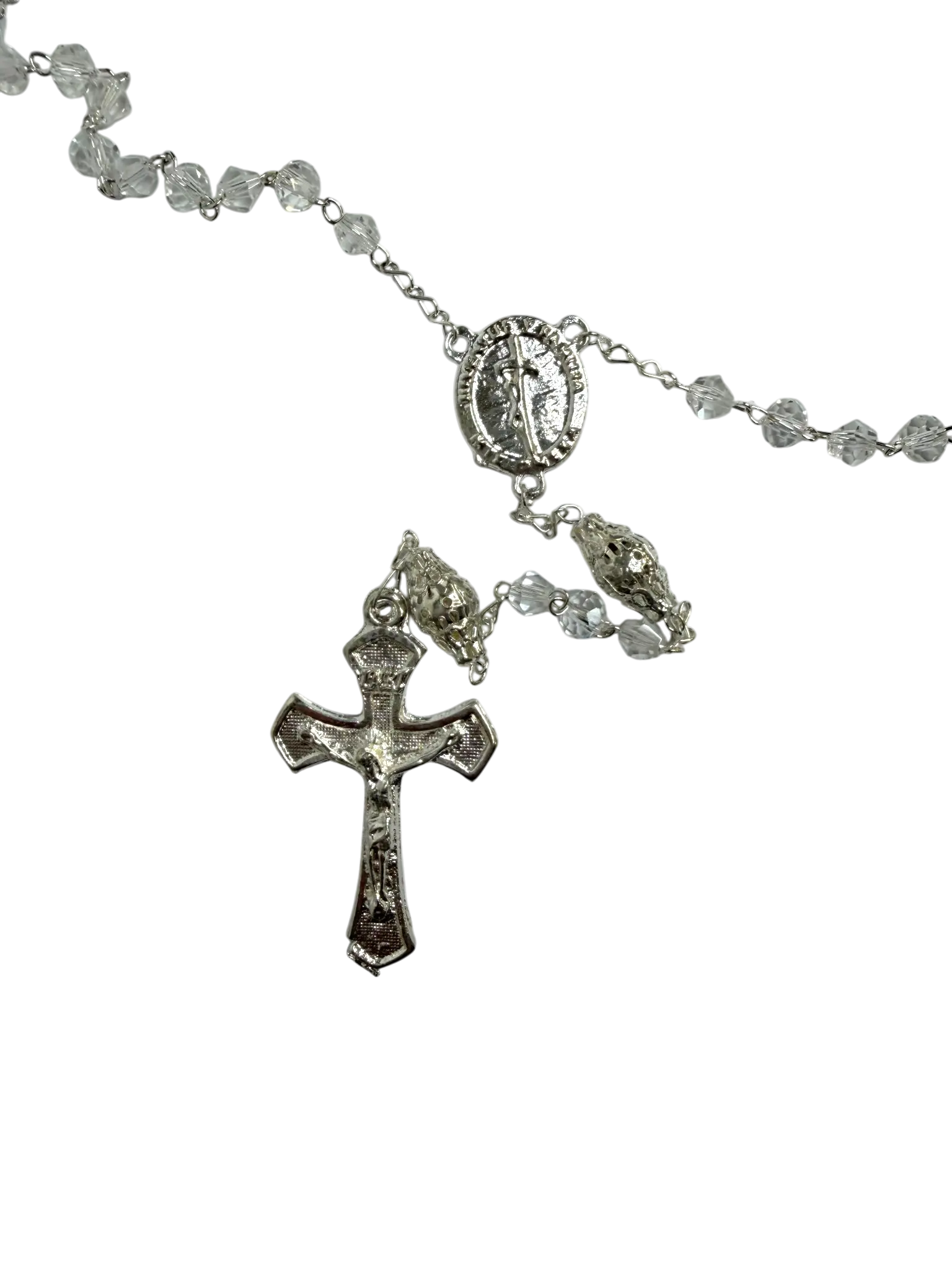 Heirloom Crystal Communion Rosary with Silver Crucifix & Marian Centerpiece