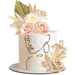 21Pcs Boho Cake Topper Decorations Acrylic Minimalist Art Lady Gold Face Vintage Artificial Rose Flower Wedding Cake Toppers for Wedding Bridal Shower