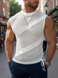 INCERUN Men's Fashion Casual Tank Top, Mesh Patch Side Tie Hollow Out Vest, Ideal for Daily Wear, Stylish and Comfortable Design
