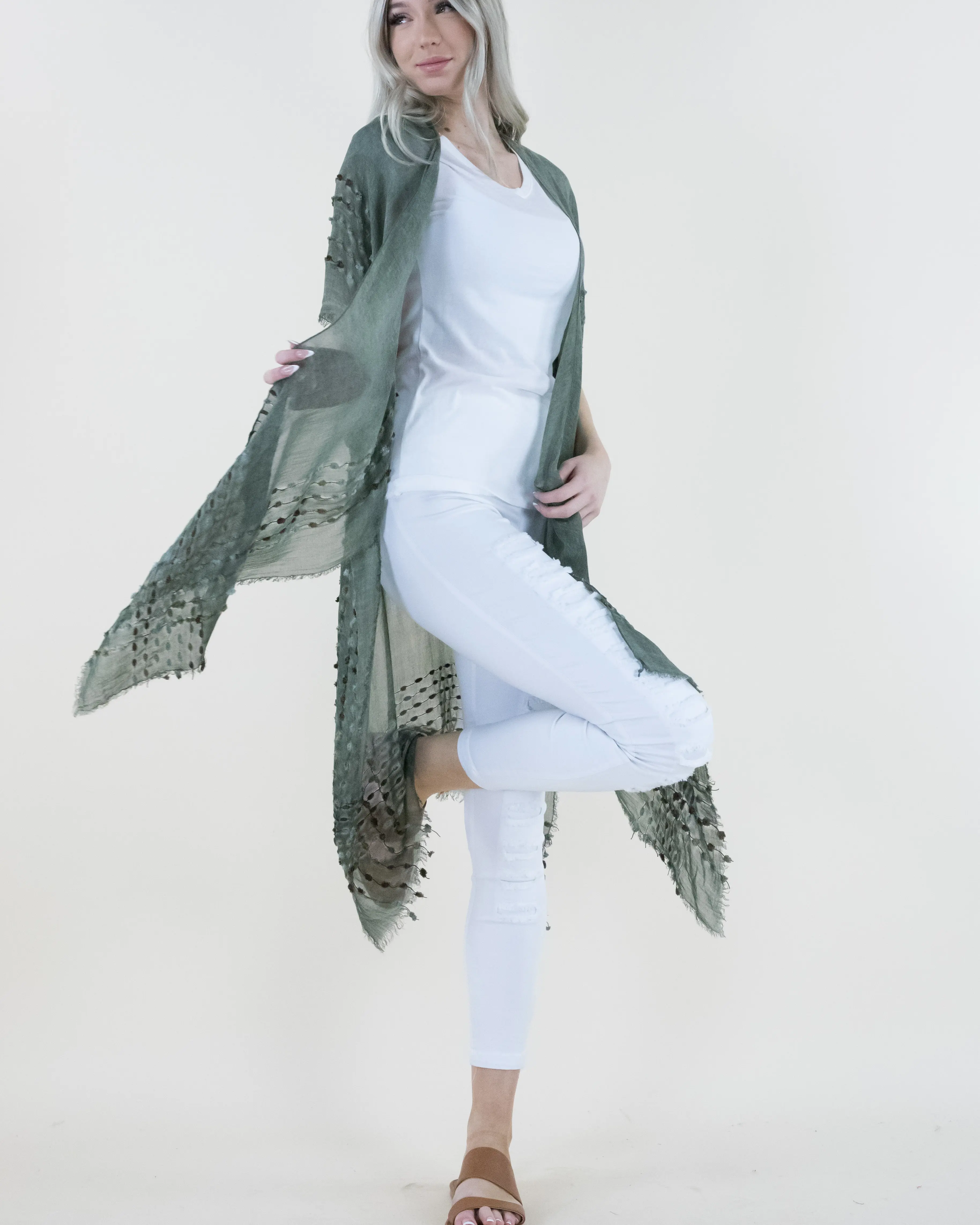 One Size Natural Mineral Washed Semi-Sheer Kimono Cover-up Chenille Detail, Boho Fashion Half Sleeve Open Front Outerwear for Summer, Women's Clothes for Daily Wear Outfits Elegant Womenswear Green