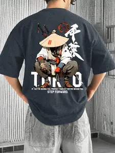 Men's Casual Short Sleeve T-Shirt, Japanese Samurai Style Graphic Tee, Soft Comfortable Fabric, Streetwear for All Seasons