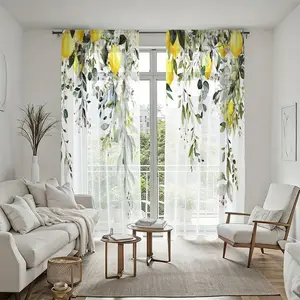 2Pcs Fresh Lemon Tree Floral Sheer Curtains, Modern Design Window Drapes, Easy Installation Rod Pocket Voile Panels, Semi Transparent for Kitchen Living Room Bedroom Home Decor, Durable Coverings, Home Decoration Curtain