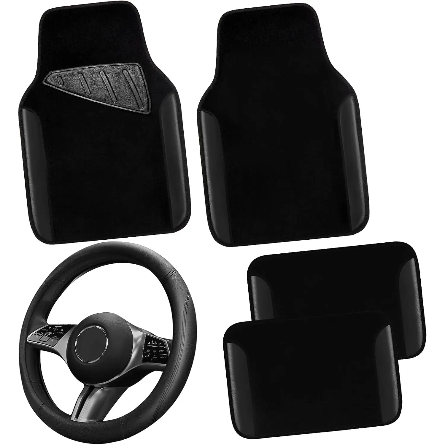 All Black Car Floor Mats+Steering Wheel Cover