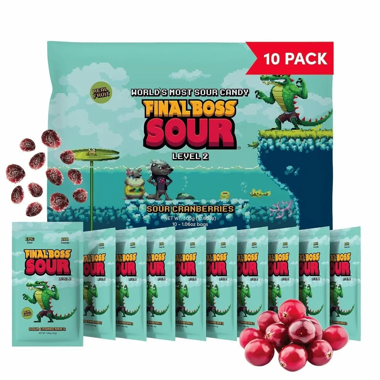 Final Boss Sour Candy, Sour Cranberries, 10 Pack, Level 2, Fruit Chews with Real Dried Fruit, No Artificial Colors or Flavors, Low Calorie Snack for Kids, Teens, Adults, Lunch Boxes