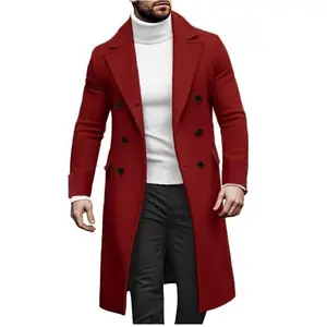 Men’s Wool Long Coat – Double-Breasted Trench Coat, Loose Fit, Black, Vintage Style, Casual Outerwear with Hood (Windproof)