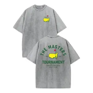 "THE MASTERS" golf pattern unisex washed T-shirt, high-quality printed T-shirt in washed cotton, men's summer clothing, comfortable T-shirt, suitable for street retro and outdoor sports casual wear, Y2K style clothing, sports T-shirt Fabric Customized