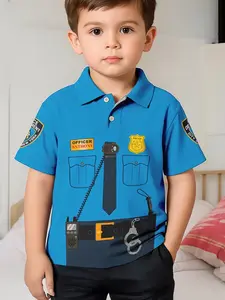 Police Uniform Polo Shirt, Blue Collared Short Sleeve Top, Role Play Costume, Slim-Fitting, All Seasons, Casual Style