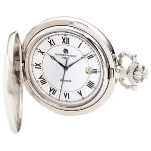 212 MAIN Women's Vintage Charles-Hubert Paris Quartz Pocket Watch - Chrome Finish, White Dial, Date Display, Curb Chain, Floral Back, Gift-Boxed