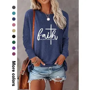 Women’s Fashionable Casual Letter-Print Crewneck Long-Sleeve T-Shirt, Comfortable Fabric, Available in 9 Colors for Spring and Autumn