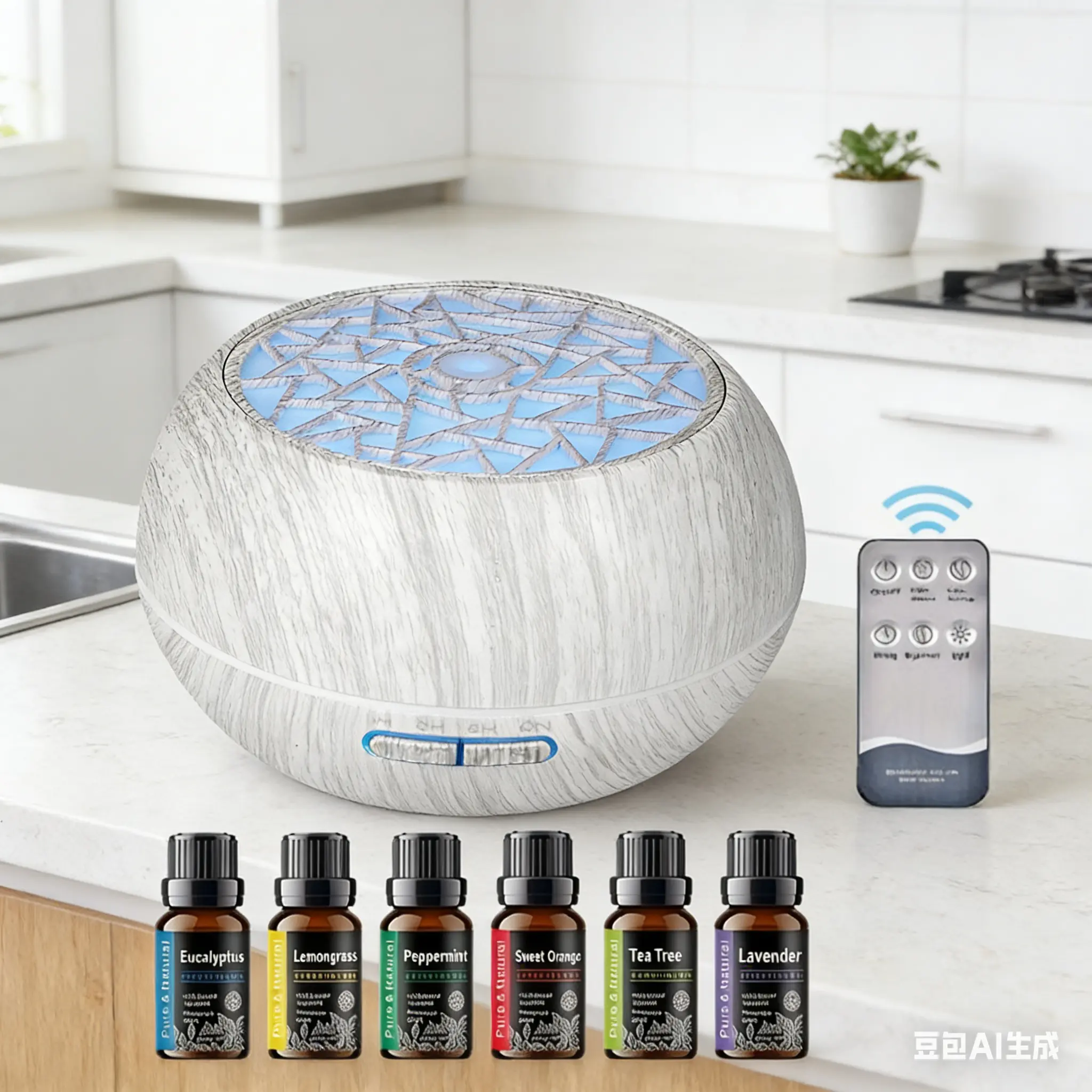 550ml Large Capacity USB Plug Ultrasonic Mist-Making Humidifier, Remote Control, 7 LED Mood Lights, 6 Essential Oils, Energy-Efficient Aromatic Therapy Device for Bedroom Home Wellness Gift (Wood Grain Design)