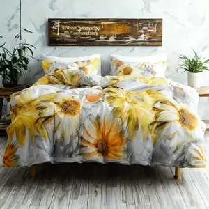Microfiber Bedding Set, Sunflower Pattern Soft and Wrinkle-Resistant and Easy Care, Yellow and White‎