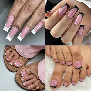 60Pcs French Tip Toe Nails & Fingernails Set, Black blue White Pink Glossy Press on Nails with Glue Tabs, Medium Long Fake Toenails for Summer minimalist style stylish fashion press-on nail