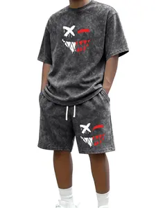 Mens Summer Lightweight Two Piece Set Vintage Style Short Sleeve T Shirt With Smiley Face Print Snow Wash Distressed Finish Casual Athletic Shorts Pants With Pockets And Elastic Drawstring Waistband Ideal For Leisure Vacation Fishing Camping And Outdoors
