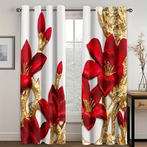 2pcs Red Flower Blackout Curtains 63 84 Inch Length 2 Panels Red And Golden Floral Print Thermal Insulated Darkening Drapes Window Treatment for Bedroom Living Room Window Treatment Sets Home Decor