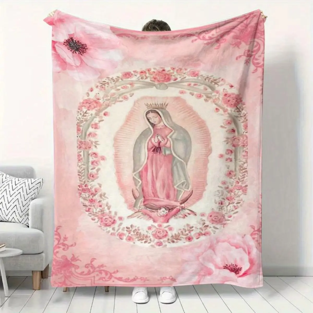 1 Pink Virgin Mary Printed Flannel Throw Blanket - Soft Plush, Warm Digital Print, Machine Washable, Modern Style, All-Season Multi-Purpose for Home Snuggles, Sofa, Bedding, Soft Plush Blanket