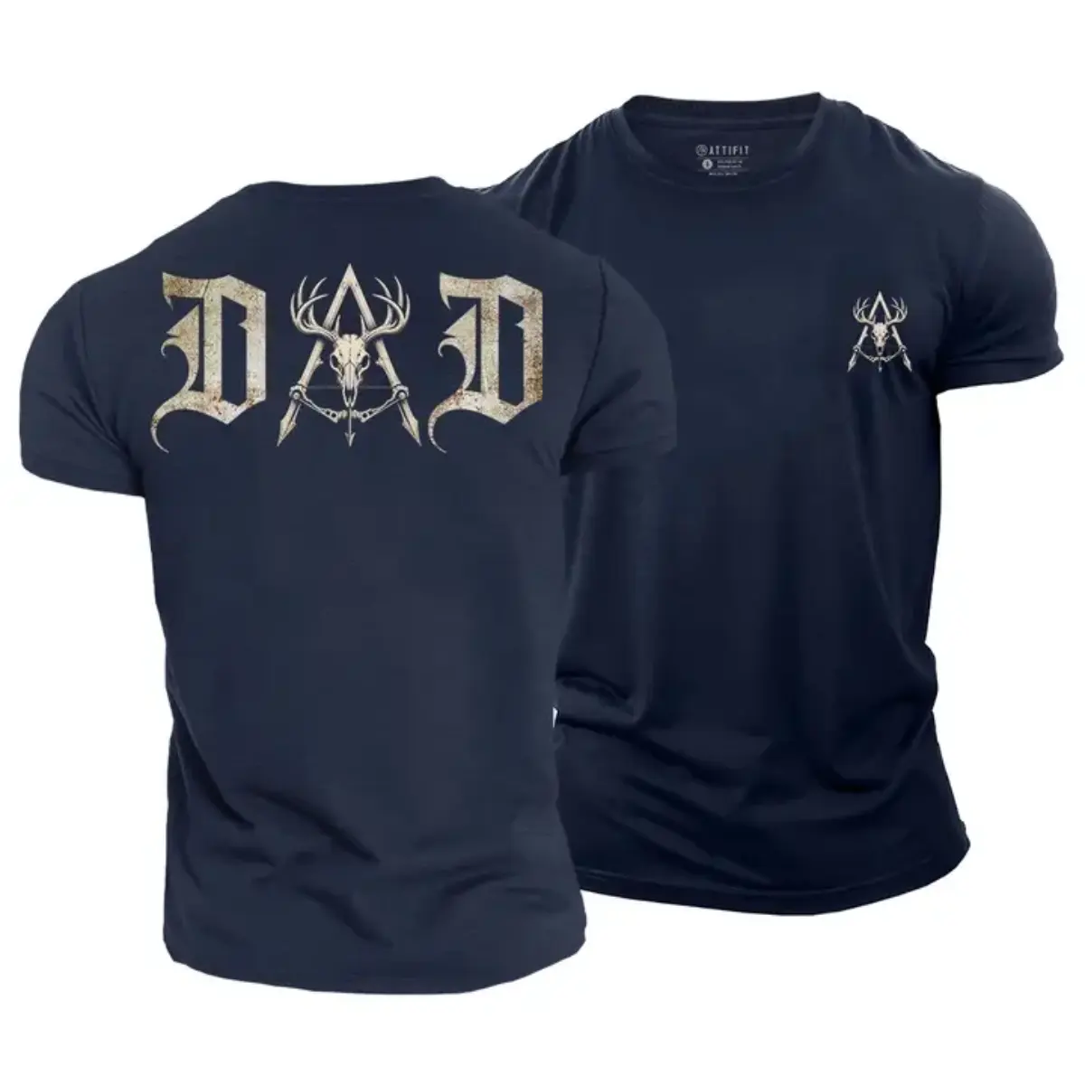 Dad Deer Hunting T-Shirt - Bold DAD Lettering With Antlered Deer Skull And Crossed Hunting Arrows Graphic , Matching Deer Skull Chest Print , Men's Hunter Dad Tee , Deer Season Outdoor Shirt , Hunting Camp Outfit , Father's Day Gift For Hunting Dads Top