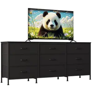 Modern 63" TV Stand with 9 Fabric Drawers Wooden Top Metal Frame Storage Cabinet