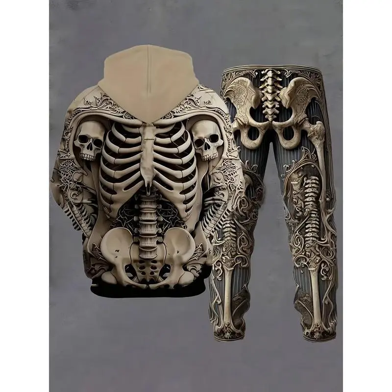 Men's Skeleton Print Hoodie Set - Trendy Halloween Outfit Perfect for Street Style, Themed Parties and Gift Giving, Gothic Style Matching Set for Spooky Season Fashion Men's Skeleton Print Hoodie Set - Trendy Halloween Outfit Perfect for Street Style, Themed Parties and Gift Giving, Gothic Style Matching Set for Spooky Season Fashion
