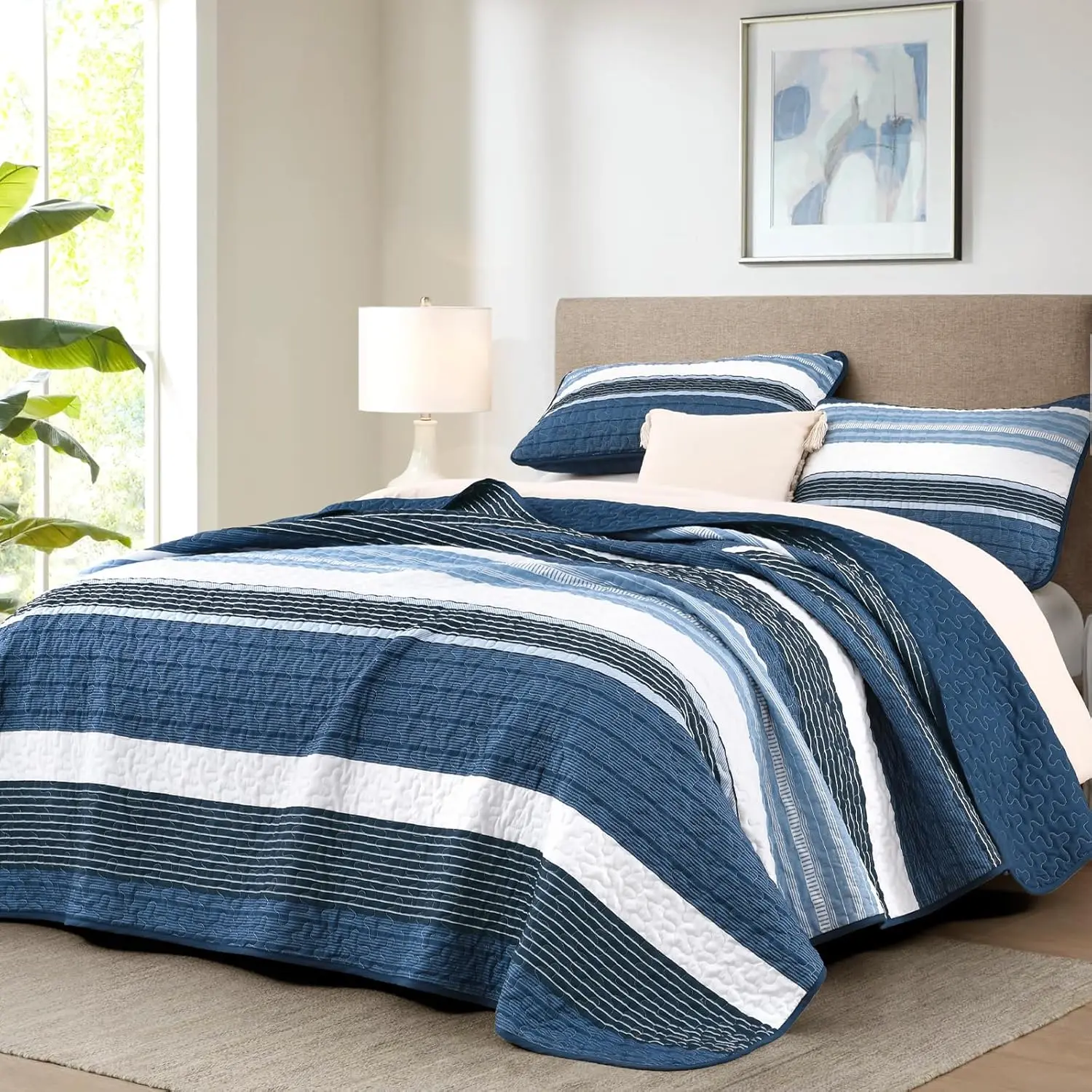 King Size Set Blue Striped 3 Piece Summer Patchwork Bedspreads Coverlet, Blue and White Lightweight Bedding Set with 2 Pillow Shams, Soft Microfiber Comforter Set for All, 110" * 90"