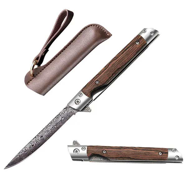 Damascus Steel Folding Utility Knife with Leather-Wrapped Wooden Handle, Leather Sheath - Portable Camp Kitchen Tool for Gardening, Collectibles, Campfire-BBQ Party, Outdoorsy Hikers