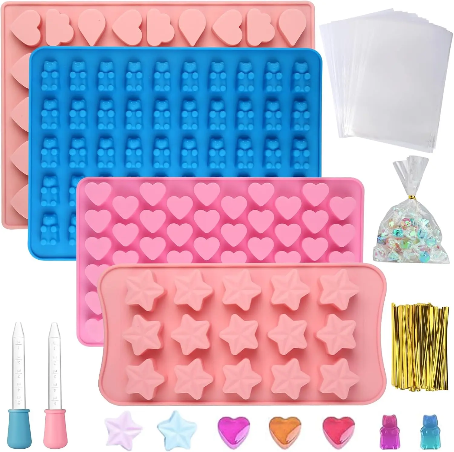 Pack of 4 Gummy Bear Moulds, Silicone Mould with 2 Pipettes, 50 Transparent Pockets, 50 Torsion Bars, Silicone Chocolate Candy Mould Perfect for Making Sweets, Chocolates, Cakes, Jelly or Cake Decorations