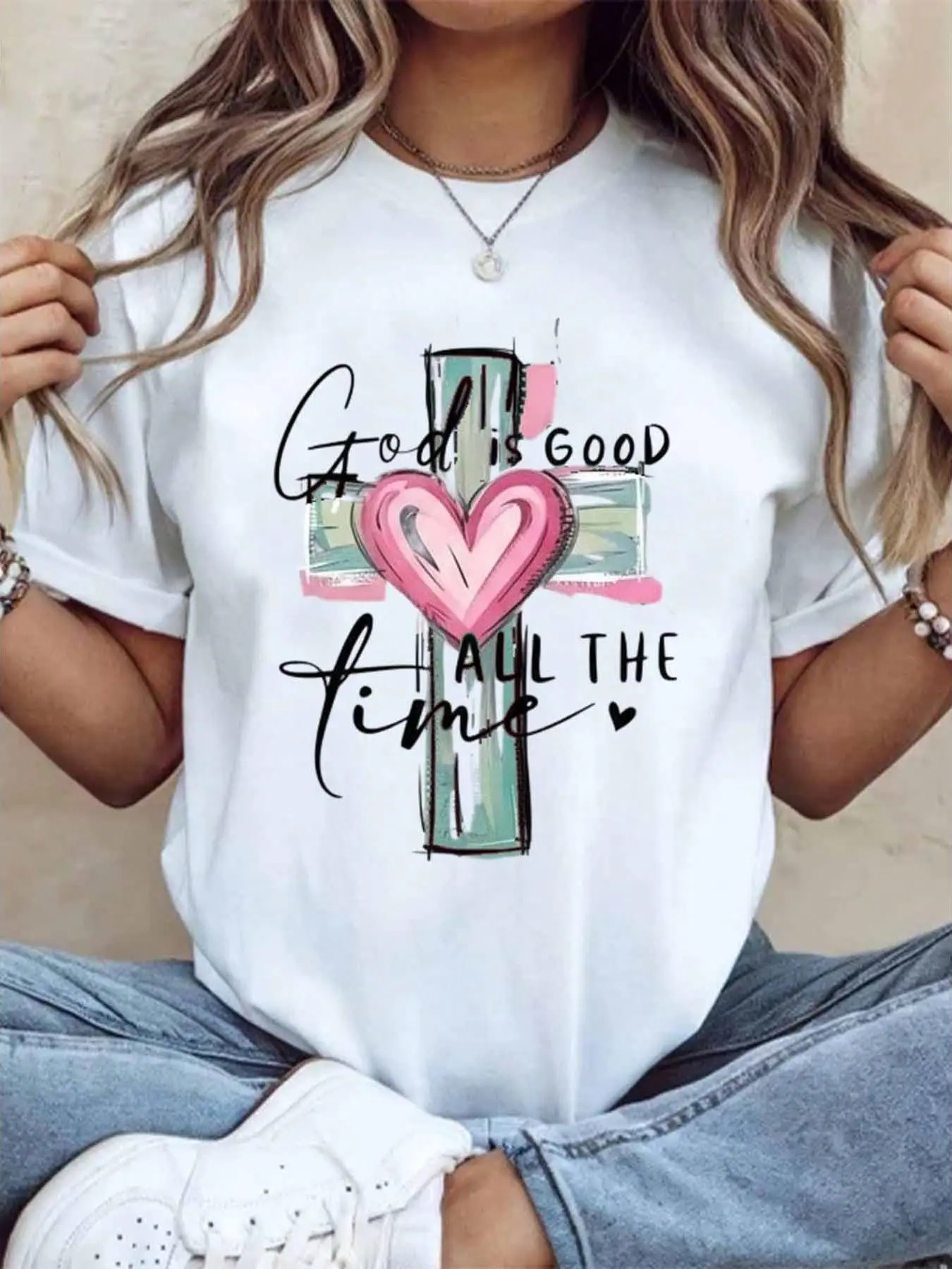 Women's "God Is Good" Christian Graphic Tee, Cute Inspirational Short-Sleeve T-Shirt in Soft 100% Cotton, Lightweight Loose Fit, Shortsleeve, Printed, Round Neck, Style, Tops, T Shirts Women, Breathable, Unisex