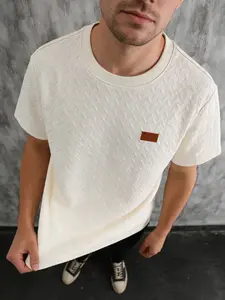 Men's Gingham Textured Fabric T-Shirt, Round Neck Short Sleeve, Casual Fitted Long Innerwear, Luxurious Daily Wear, Menswear