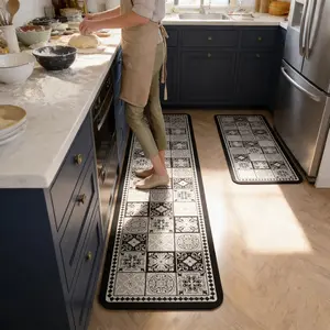 Bohemian Patchwork Kitchen Rug, Vintage Mandala Floral Pattern Carpet, Ethnic Style Long Runner Mat, Flannel Fabric with Rubber Non-Slip Bottom