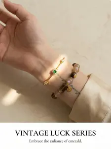 Vintage Emerald Cz Bracelet, 18k Plated, Dainty Twisted Chain, Adjustable Hypoallergenic Jewelry, Gift for Women