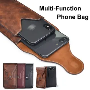 Universal High-end Retro Durable PU Leather Slim Mobile Phone Waist Bag Belt Pouch For Two Phones With Metal Hanging Loop
